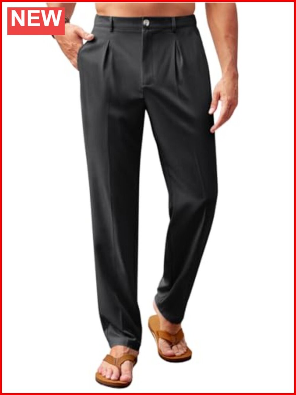 Mens Casual Pants Faux Linen Elastic Waist Lightweight Loose Pleated Slacks